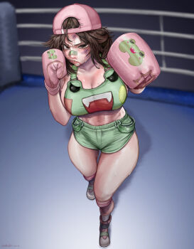 1girl abs absurdres animal_print backwards_hat bandaid bandaid_on_face bandaid_on_nose baseball_cap bethy black_eyes blood blood_from_forehead blood_from_mouth blurry blurry_background boxing boxing_gloves breasts brown_hair bruise bruise_on_face cleavage collarbone commentary commission dated english_commentary eyelashes fighting_stance frog_print full_body gloves green_shoes green_shorts green_tank_top hands_up hat highres indie_virtual_youtuber injury knee_pads large_breasts lips looking_at_viewer m4skedboi medium_hair multicolored_shoes navel nose parted_lips pink_gloves pink_hat pink_shoes shoes shorts socks solo sweat tank_top thighs tomboy toned toned_female twitter_username virtual_youtuber white_shoes white_socks