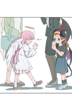 4girls absurdres aged_down angel_and_devil angel_wings bang_dream! bang_dream!_it's_mygo!!!!! black_pantyhose black_shirt black_skirt blue_skirt brown_hair chihaya_anon chinese_commentary commentary_request dress grey_shoes hairband halo hand_up highres horns long_hair multiple_girls nagasaki_soyo open_mouth pantyhose shirt shoes short_sleeves skirt teeth upper_teeth_only was775 white_dress wings yellow_hairband