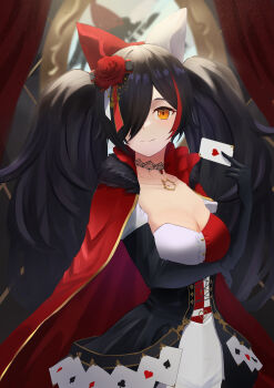1girl absurdres black_gloves breasts cape card cleavage cosplay dress elbow_gloves flower gloves hair_flower hair_ornament hair_over_one_eye highres holding holding_card hololive imocy long_hair medium_breasts ookami_mio ookami_mio_(wonderland) playing_card queen_of_hearts_(alice_in_wonderland) queen_of_hearts_(alice_in_wonderland)_(cosplay) red_cape red_dress red_flower smile solo twintails two-tone_dress virtual_youtuber white_dress yellow_eyes