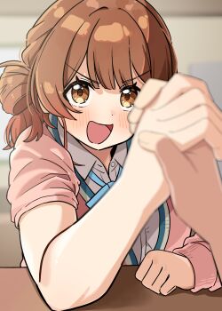 Rule 34 | 1girl, 1other, absurdres, arm wrestling, aroon, blue ribbon, blush, brown hair, cardigan, commentary request, gakuen idolmaster, gradient hair, hanami ume, hatsuboshi gakuen school uniform, highres, holding hands, idolmaster, indoors, looking at viewer, multicolored hair, neck ribbon, orange hair, pink cardigan, pov, pov hands, ribbon, school uniform, shirt, sleeves pushed up, smile, v-shaped eyebrows, white shirt