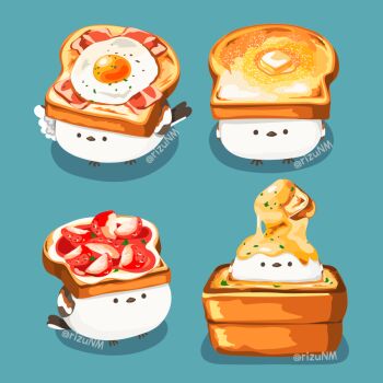 animal bacon bird blue_background bread bread_slice butter food food_focus food_on_head fried_egg fruit in_food jam no_humans object_on_head original rizu_(rizunm) simple_background strawberry toast