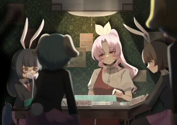 Rule 34 | 5girls, absurdres, animal ears, black hair, black jacket, blue hair, blurry, brown hair, collared shirt, commentary, depth of field, dragon print, dress, floppy ears, hair ribbon, highres, jacket, long hair, long sleeves, mahjong, mahjong tile, mask, moon rabbit extra (touhou), multiple girls, necktie, no noru, oxygen mask, oxygen tank, pink hair, pink skirt, playing games, pointing, ponytail, print shirt, puffy short sleeves, puffy sleeves, rabbit ears, rabbit girl, rabbit tail, red dress, red eyes, red necktie, reisen (touhou bougetsushou), respirator, ribbon, shadow, shirt, short hair, short sleeves, single strap, skirt, table, tail, touhou, watatsuki no yorihime, white shirt, yellow ribbon