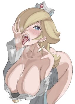 ass blonde_hair blue_eyes blush breasts crown dress earrings fellatio_gesture from_above hair_over_one_eye highres jewelry large_breasts leaning_forward mario_(series) nintendo open_mouth rosalina saliva star_(symbol) star_earrings toggy_keiichi tongue tongue_out