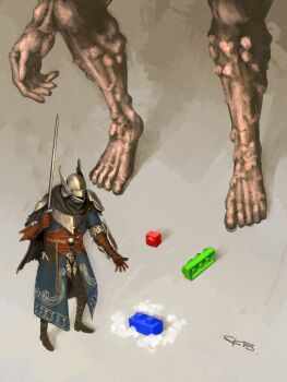 1boy 1other arm_shield armor bare_legs belt black_scarf blue_surcoat bracer brown_belt brown_gloves commentary_request dagger elden_ring elden_ring_nightreign fantasy giant gloves helm helmet highres holding holding_sword holding_weapon knife lego monster over_shoulder plate_armor scale_armor scarf shoulder_armor signature skb_visconti skiba sword sword_over_shoulder weapon weapon_over_shoulder winged_helmet wylder_(elden_ring)