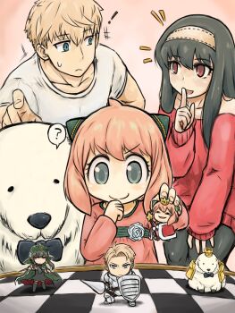 1boy 2girls ? anya's_heh_face_(meme) anya_(spy_x_family) armor black_bow black_bowtie black_hair black_pantyhose blonde_hair blue_eyes bond_(spy_x_family) bow bowtie cape character_doll chessboard commentary_request crown dinonix dog doll dress family father_and_daughter finger_to_mouth green_cape green_eyes hairband hairpods highres holding holding_doll holding_polearm holding_shield holding_weapon husband_and_wife lance meme mother_and_daughter multiple_girls off-shoulder_sweater off_shoulder pantyhose pink_hair polearm red_dress red_eyes shield shirt shushing smile spoken_question_mark spy_x_family sweater sweater_dress t-shirt thinking traditional_bowtie twilight_(spy_x_family) v-shaped_eyebrows weapon white_hairband white_shirt yor_briar