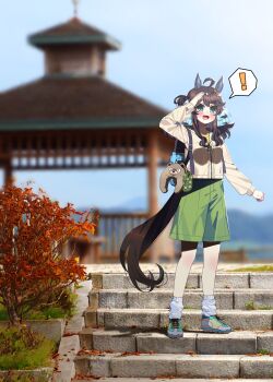 ! 1girl absurdres ahoge amane_hikari animal_ears bag blue_eyes blush breasts brown_hair brown_jacket commentary_request daring_tact_(umamusume) green_shorts hair_between_eyes hair_ornament highres horse_ears horse_girl horse_tail jacket long_hair medium_hair neck_pillow open_mouth outdoors shoes shorts smile socks solo speech_bubble spoken_exclamation_mark star_(symbol) star_hair_ornament tail umamusume white_socks