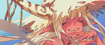 1girl absurdres blonde_hair blue_background closed_eyes colored_skin commentary gradient_background hands_up hat highres horn_ornament horns long_hair looking_at_viewer original outdoors pointy_ears red_skin sharp_teeth simple_background solo straw_hat sunlight teeth upper_body wind www_planet