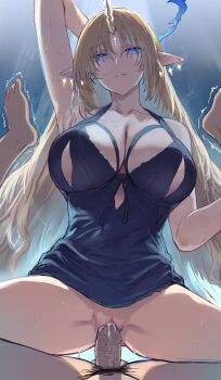 1boy 1girl absurdres amazon_position arm_up babydoll barefoot black_babydoll blonde_hair blue_hair blush bottomless breasts closed_mouth clothed_sex collarbone covered_navel earrings fleurdelys_(wuthering_waves) floating_earrings girl_on_top hetero hews highres horns huge_breasts indoors jewelry long_hair looking_at_viewer male_rover_(wuthering_waves) nipple_cutout penis pointy_ears pov pussy rover_(wuthering_waves) sex sidelocks single_horn sketch tacet_mark_(wuthering_waves) uncensored vaginal very_long_hair wuthering_waves