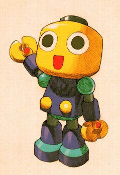 1990s_(style) bengus game_cg highres joints marvel_vs._capcom marvel_vs._capcom_2 mega_man_(series) mega_man_legends_(series) mini_person non-web_source official_art open_mouth retro_artstyle robot robot_joints servbot_(mega_man) simple_background smile solo very_big_eyes waving