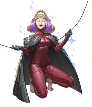 1girl artist_request barefoot black_cape black_gloves blonde_hair braid breasts cape demon_(megami_tensei) gloves holding holding_string lachesis_(megami_tensei) multicolored_hair official_art persona persona_5 persona_5:_the_phantom_x purple_hair shin_megami_tensei solo squatting string third-party_source transparent_background two-tone_hair yellow_eyes