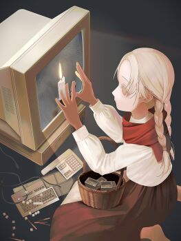 1girl absurdres andersen's_fairy_tales barefoot braid brown_skirt cable candle computer computer_keyboard crt fire from_above hands_up highres little_match_girl long_hair long_sleeves looking_at_screen matchbox matches original picnic_basket profile red_scarf scarf shirt sitting skirt solo test_norma1 twin_braids white_hair white_shirt