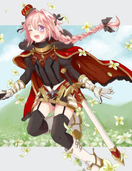 1boy androgynous armored_skirt astolfo_(fate) astolfo_(rider)_(fate) astolfo_(third_ascension)_(fate) black_bow black_garter_straps black_sweater black_thighhighs blush boots bow braid cape commentary crown english_commentary fang fate/apocrypha fate_(series) flower foot_out_of_frame full_body fur-trimmed_cape fur_trim garter_straps gauntlets gold_trim gorget hair_bow hair_intakes juliet_sleeves long_hair long_sleeves male_focus mikimanni mini_crown multicolored_hair official_alternate_costume one_eye_closed open_mouth pink_hair puffy_sleeves purple_eyes red_cape riding_boots scabbard sheath sheathed single_braid skin_fang smile solo spurs streaked_hair sweater sword thighhighs two-sided_cape two-sided_fabric weapon white_boots white_cape white_flower white_hair zettai_ryouiki