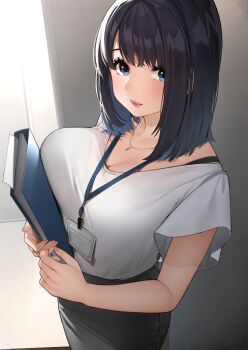 1girl bag binder black_hair black_skirt blue_eyes blush breasts cleavage closed_mouth highres holding jewelry lanyard large_breasts lips looking_at_viewer mature_female medium_hair necklace original ring sakura_no_tomoru_hi_e shirt shirt_tucked_in short_sleeves skirt solo white_shirt