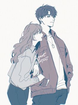 1boy 1girl artist_name black_hair black_pants brown_coat brown_hair caleb_(love_and_deepspace) closed_mouth coat couple cowboy_shot dog_tags grey_jacket hetero highres holding_another&#039;s_arm jacket long_hair love_and_deepspace nijinoji open_mouth pants protagonist_(love_and_deepspace) shirt short_hair smile twitter_username white_background white_shirt