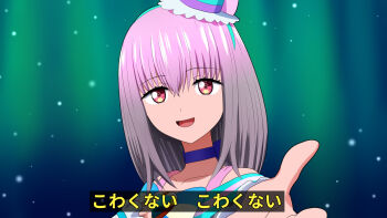 1girl :d aqua_hairband aqua_hat arm_warmers bare_shoulders blue_background blue_bow blue_choker bow brooch chest_bow choker collarbone commentary cosplay cure_lillian cure_lillian_(cosplay) dress frilled_arm_warmers frilled_dress frills gradient_background green_background gridman_universe hair_between_eyes hairband hand_on_own_chest hat heart heart_brooch highres jewelry light_particles looking_at_viewer magical_girl medium_hair mini_hat mini_top_hat off-shoulder_dress off_shoulder open_hand open_mouth outstretched_hand pink_eyes pink_hair ponzu_(anagosan02) precure reaching reaching_towards_viewer shinjou_akane smile solo ssss.gridman straight_hair striped_bow subtitled tilted_headwear top_hat translated ueda_reina upper_body voice_actor_connection white_arm_warmers white_dress wonderful_precure!