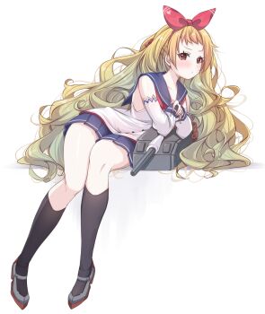 1girl absurdres azur_lane bare_shoulders black_socks blonde_hair blue_sailor_collar blue_skirt blush bow commentary_request detached_sleeves full_body hair_bow highres jenkins_(azur_lane) long_hair looking_at_viewer lying mikuchi3939 on_side red_bow red_eyes sailor_collar school_uniform shirt simple_background skirt socks solo white_background white_shirt