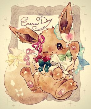 Rule 34 | :3, animal focus, blue bow, border, bow, brown border, brown eyes, brown fur, closed mouth, commentary request, dated, eevee, fluffy, full body, gen 1 pokemon, green bow, highres, looking at viewer, miketoevecan, neck fur, nintendo, no humans, one eye closed, pawpads, pink bow, pokemon, pokemon (creature), red bow, simple background, sitting, solo, white bow, yellow background, yellow bow, yellow fur