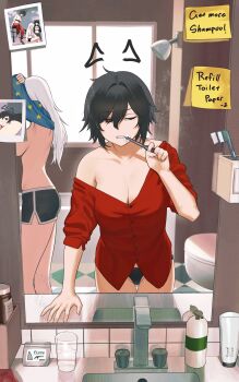 2girls absurdres arm_support bathroom bathtub black_hair black_panties black_shorts blue_shirt breasts brushing_teeth catherine_(sedai) clothes_lift commentary cup dolphin_shorts drawn_ears drinking_glass english_commentary english_text faucet grey_hair hair_between_eyes half-closed_eye highres holding holding_toothbrush indoors large_breasts lifting_own_clothes long_hair lotion_bottle mirror multiple_girls off_shoulder one_eye_closed original panties photo_(object) polaroid_photo print_shirt red_sweater reflection sedai shampoo_bottle shirt shirt_lift short_hair short_shorts shorts shower_head sink sleeves_pushed_up solo_focus standing star_(symbol) star_print sticky_note sweater thigh_gap tile_wall tiles toilet toothbrush toothbrush_in_mouth underwear undressing