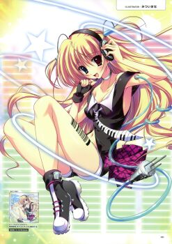 1girl :d absurdres barcode blonde_hair blue_eyes breasts cleavage dress exit_trance exit_tunes hair_tubes headset heterochromia highres inset mitsui_mana open_mouth plug purple_eyes short_shorts shorts sleeveless smile two_side_up