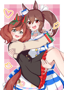 2girls absurdres animal_ears apron arms_around_neck black_dress blush bow bow_choker breasts brown_eyes brown_hair carrying choker commentary_request dress ear_bow ear_covers green_bow hair_between_eyes hat heart highres hishi_akebono_(buono_alla_moda)_(umamusume) hishi_akebono_(umamusume) horse_ears horse_girl horse_tail juliet_sleeves long_hair long_sleeves looking_at_viewer medium_hair mini_hat multicolored_hair multiple_girls nabe_tanuki nice_nature_(poinsettia_ribbon)_(umamusume) nice_nature_(umamusume) open_mouth princess_carry puffy_sleeves red_eyes ribbon short_sleeves skirt smile streaked_hair striped_clothes striped_dress tail twintails umamusume white_apron white_bow white_choker white_ribbon