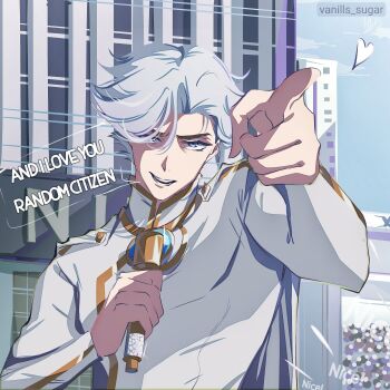 1boy artist_name blue_eyes cape english_text heart highres holding holding_microphone male_focus megamind_(movie) microphone nice_(to_be_hero_x) parody pointing pointing_at_viewer scene_reference short_hair solo speech_bubble teeth to_be_hero to_be_hero_x vanills_sugar white_cape white_hair