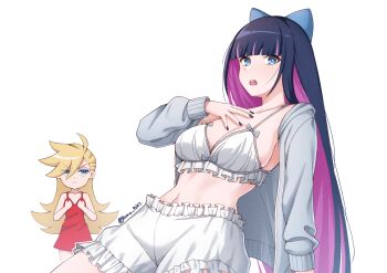 2girls blonde_hair blue_bow blue_hair bow breast_envy breasts cleavage dress hair_bow hand_on_own_chest jacket kumapako lingerie long_hair looking_at_viewer midriff multicolored_hair multiple_girls navel panty_&amp;_stocking_with_garterbelt panty_(psg) pink_hair red_dress sideboob stocking_(psg) underwear