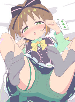 1girl achat black_dress blush bow bowtie brown_hair card dress fang feet green_eyes green_shorts grey_socks hair_bow legs_up loli long_sleeves looking_at_viewer lying multicolored_hair no_shoes oka_asahi on_back onii-chan_wa_oshimai! open_mouth paw_pose playing_card short_hair short_shorts shorts socks soles solo spread_legs toes yellow_bow yellow_bowtie
