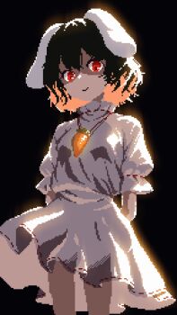 Rule 34 | 1girl, animal ears, arms behind back, black background, brown hair, carrot necklace, closed mouth, commentary request, contrast, cowboy shot, dress, from below, inaba tewi, jewelry, light smile, looking at viewer, necklace, noblenomad42, pixel art, rabbit ears, rabbit girl, red eyes, shaded face, simple background, solo, standing, touhou, white dress