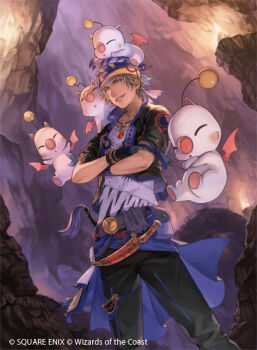 Rule 34 | 1boy, arm ribbon, black gloves, black jacket, black pantyhose, blue ribbon, cave, creature, creature on head, creature on shoulder, crossed arms, dagger, earrings, final fantasy, final fantasy vi, gem, gloves, grey hair, headscarf, jacket, jewelry, kato ayaka, knife, locke cole, looking at viewer, magic: the gathering, male focus, moogle, necklace, official art, on shoulder, pantyhose, parted bangs, parted lips, print shirt, red gemstone, ribbon, sash, sheath, sheathed, shirt, short hair, smile, square enix, waist sash, weapon