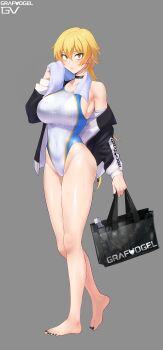 1girl absurdres bag black_choker black_jacket blonde_hair breasts choker commentary_request competition_swimsuit covered_navel english_text full_body grey_background highleg highleg_one-piece_swimsuit highres jacket long_hair multicolored_jacket one-piece_swimsuit original simple_background solo swimsuit towel translation_request two-tone_jacket two-tone_swimsuit white_one-piece_swimsuit yellow_eyes yurizuku_owl