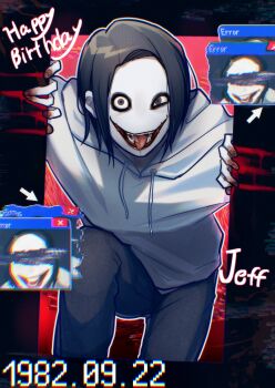 1boy absurdres black_eyes black_hair blood blood_stain censored censored_identity claw_mark crawling creepypasta english_text error_message glasgow_smile half-closed_eye happy_birthday highres hood hood_down hoodie jeff_the_killer kana_(kanaice) looking_at_viewer male_focus multiple_views sharp_teeth short_hair solo teeth tongue tongue_out walking_towards_viewer white_hoodie wide-eyed window_(computing)