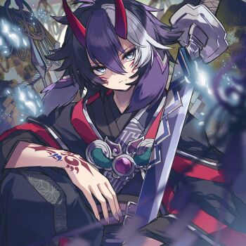Rule 34 | + +, 1boy, arm tattoo, black kimono, blue eyes, facial tattoo, highres, holding, holding sword, holding weapon, horns, japanese clothes, kimono, kuuron (moesann17), male focus, multicolored hair, oni, purple hair, puzzle &amp; dragons, red kimono, serious, short hair, solo, suou (p&amp;d), sword, tattoo, two-tone hair, weapon, white hair