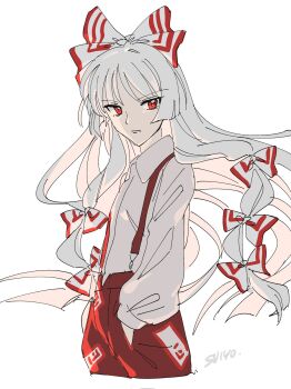 Rule 34 | 1girl, artist name, bow, collared shirt, commentary request, fujiwara no mokou, grey hair, hair bow, hands in pockets, highres, long hair, long sleeves, looking at viewer, multiple hair bows, ofuda, ofuda on clothes, pants, red eyes, red pants, shirt, simple background, solo, suspenders, touhou, uehara suiyo, very long hair, white background, white shirt
