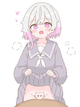 1girl black_serafuku black_skirt blush body_writing clothes_lift cowboy_shot do_you_want_to_pet_my_cat_(meme) fang heart loli long_sleeves looking_at_viewer mahou_shoujo_no_majo_saiban medium_hair multicolored_hair neckerchief no_panties pale_skin pink_eyes pink_hair pussy sailor_collar sakuraba_ema school_uniform serafuku simple_background skin_fang skirt skirt_lift smile solo standing sweat tabedesuyo table two-tone_hair white_background white_hair white_neckerchief