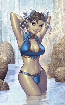 breasts capcom chun-li cleavage ryan_kinnaird smile street_fighter swimsuit water wet