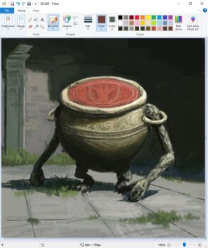 Rule 34 | art program in frame, character request, christian young, commentary, copyright request, day, elden ring, english commentary, iron fist alexander, jar, microsoft paint (medium), microsoft paint (software), no humans, object focus, outdoors, screencap, tile floor, tiles