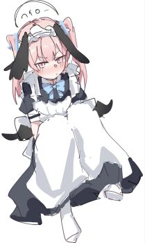 1girl alternate_costume apron black_dress black_wings blue_archive blue_bow blue_bowtie blush bow bowtie closed_mouth commentary_request dress enmaided halo head_wings highres knees_up koharu_(blue_archive) long_hair low_wings maid maid_apron maid_headdress minarin_(393939min) pink_eyes pink_hair puffy_short_sleeves puffy_sleeves short_sleeves simple_background sitting sketch socks solo twintails white_apron white_background white_socks wings