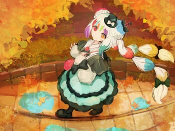1girl autumn autumn_leaves black_capelet black_shoes blue_skirt book_off braid braided_bun capelet double_bun full_body hair_bun hashtag-only_commentary hat heterochromia jogasaki_noah leaf long_hair long_sleeves looking_at_viewer mahou_shoujo_no_majo_saiban mini_hat mini_top_hat multi-tied_hair multicolored_hair neck_ribbon official_alternate_costume official_alternate_hairstyle outdoors red_eyes ribbon shirahato_(shir4hato) shirt shoes skirt smile solo standing streaked_hair top_hat walking white_hair white_shirt yellow_eyes