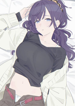 1girl asahina_mafuyu belt black_shirt bow bow_panties cardigan clothes_lift collarbone grey_pants hair_ornament hair_scrunchie highres long_hair long_sleeves looking_at_viewer midriff mikazuchi_zeus open_belt open_cardigan open_clothes open_fly open_pants panties pants pantyshot parted_lips ponytail project_sekai purple_eyes purple_hair red_belt scrunchie shirt shirt_lift solo underwear upper_body white_cardigan white_panties