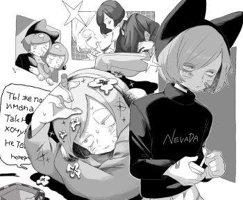 Rule 34 | 3boys, animal ears, animal hat, bandaid, bandaid on face, blush, cat hat, cigarette, facial mark, fake animal ears, greyscale, hat, highres, holding, holding cigarette, joint (drug), luther von ivory, male focus, monochrome, multiple boys, neko oven, nyen (randal's friends), nyon (randal's friends), randal's friends, russian text, short hair, stoned, sweat, sweater, translation request, turtleneck, turtleneck sweater, whisker markings, white background