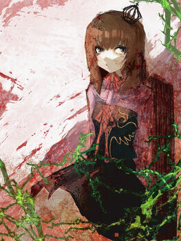 1girl black_dress brown_hair crown dress highres kakuyasu looking_to_the_side medium_hair mini_crown pink_shirt plant purple_eyes red_ribbon ribbon shirt sitting solo umineko_no_naku_koro_ni ushiromiya_maria vines