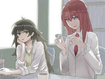 2girls blue_eyes blunt_bangs blush coffee_mug collar collared_shirt commentary_request computer cup dress dress_shirt green_collar green_dress green_eyes green_hair green_trim hair_between_eyes hiyajou_maho holding holding_cup holding_spork lab_coat long_hair long_sleeves looking_at_another makise_kurisu menomorute messy_hair mug multiple_girls necktie nervous_sweating red_hair red_necktie science_adventure shirt sitting spork steins;gate steins;gate_0 sweat thick_eyebrows very_long_hair white_shirt