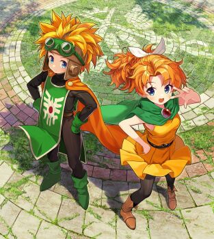 Rule 34 | 1boy, 1girl, belt collar, black bodysuit, black pantyhose, blue eyes, bodysuit, boots, brooch, brother and sister, brown boots, cape, collar, commentary request, detached sleeves, dragon quest, dragon quest ii, dress, full body, gem, gloves, goggles, goggles on head, goggles on headwear, green boots, green cape, green gloves, green tabard, hair ribbon, hands on own hips, helmet, highres, jewelry, long hair, looking at viewer, naox, open mouth, orange cape, outdoors, own hands clasped, own hands together, pantyhose, ponytail, prince of lorasia, prince of samantoria, princess of samantoria, red gem, ribbon, roto's emblem, short dress, siblings, stone floor, tabard, v-shaped eyebrows, w, white ribbon, yellow dress