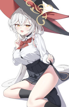 1girl absurdres black_hat black_shoes black_skirt blue_archive blush bow bowtie braid breasts button_gap clothes_lift collared_shirt commentary crossed_bangs diagonal-striped_bow diagonal-striped_bowtie diagonal-striped_clothes dutch_angle eri_(blue_archive) gold_trim hair_between_eyes halo hand_up hat highres index_finger_raised kneehighs large_breasts large_hat legs long_hair long_sleeves looking_at_viewer low-tied_long_hair multicolored_hair open_mouth pleated_skirt red_bow red_bowtie red_streaks shirt shirt_tucked_in shoes side_halo simple_background skirt skirt_lift smile sob_(submar1089) socks solo streaked_hair striped_bow striped_bowtie striped_clothes thighs very_long_hair white_background white_hair white_shirt witch_hat yellow_eyes yellow_halo