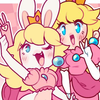 2girls blonde_hair blue_eyes crown dress earrings elbow_gloves gloves jaltoid jewelry mario_(series) mario_+_rabbids_kingdom_battle multiple_girls nintendo one_eye_closed open_mouth phone pink_background pink_dress princess_peach rabbid rabbid_peach raving_rabbids selfie smile sphere_earrings v white_gloves