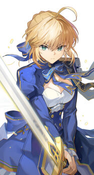 Rule 34 | 1girl, ahoge, artoria pendragon (fate), blonde hair, blue bow, blue bowtie, blue dress, bow, bowtie, breasts, chi-aaa, cleavage, cleavage cutout, closed mouth, clothing cutout, commentary request, cowboy shot, dress, excalibur (fate/stay night), expressionless, fate/stay night, fate/unlimited blade works, fate (series), fighting stance, glowing, glowing sword, glowing weapon, green eyes, hair between eyes, hair ribbon, highres, holding, holding sword, holding weapon, honkai: star rail, honkai (series), long sleeves, looking at viewer, medium breasts, ribbon, saber (fate), saber (honkai: star rail) (fate), simple background, solo, sword, two-handed, weapon, white background