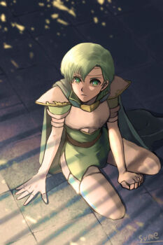 Rule 34 | 1girl, artist name, belt, boots, cape, fingerless gloves, gloves, green eyes, green hair, headband, rina (tear ring saga), short hair, sitting, solo, sumeragi (black rose), tear ring saga, tear ring saga: yutona eiyuu senki