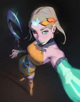 1girl ancient_greek_clothes artist_request asymmetrical_arms black_sclera blonde_hair bone colored_sclera dress glowing_arm greco-roman_clothes green_lips hades_(series) hades_2 highres holding holding_sickle laurel_crown melinoe_(hades) mismatched_sclera orange_dress see-through_body sickle skeletal_arm