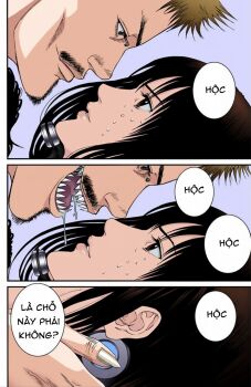 1boy 1girl claws drooling gantz gantz_suit highres lips long_hair non-web_source oku_hiroya parted_lips pink_lips saliva sharp_teeth shimohira_reika sweat sweatdrop teeth vietnamese_commentary vietnamese_text