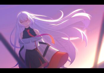 1girl absurdres arms_at_sides bare_shoulders black_shirt black_skirt closed_eyes commentary highres hoshi_shimeji_(yuki-e-toriusu1) long_hair necktie original red_necktie shirt skirt sleeves_past_fingers sleeves_past_wrists smile solo very_long_hair white_hair wind wind_lift